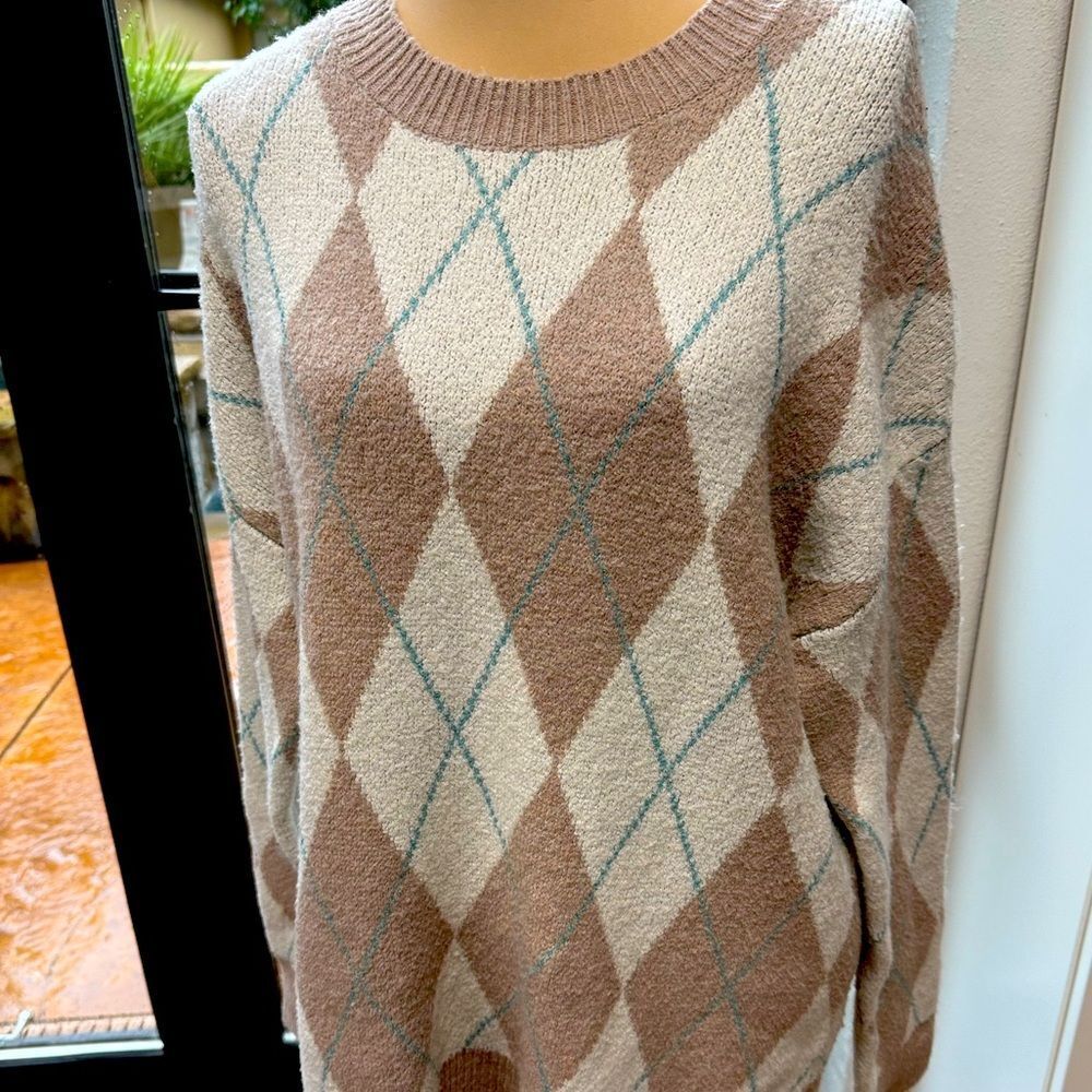Christian Siriano | Argyle Print Beige & Cream Long Sleeve Sweater SZ L